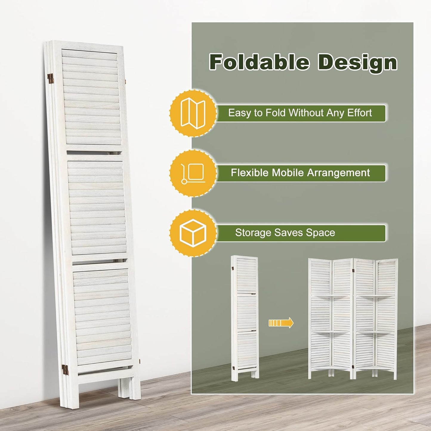 NicBex 4 Panel Room Divider,5.6FT Wood Carved Room Dividers with Display Shelves Folding Privacy Screens Portable Freestanding Partition Wall Dividers for Room Separation,Home Bedroom Office,White