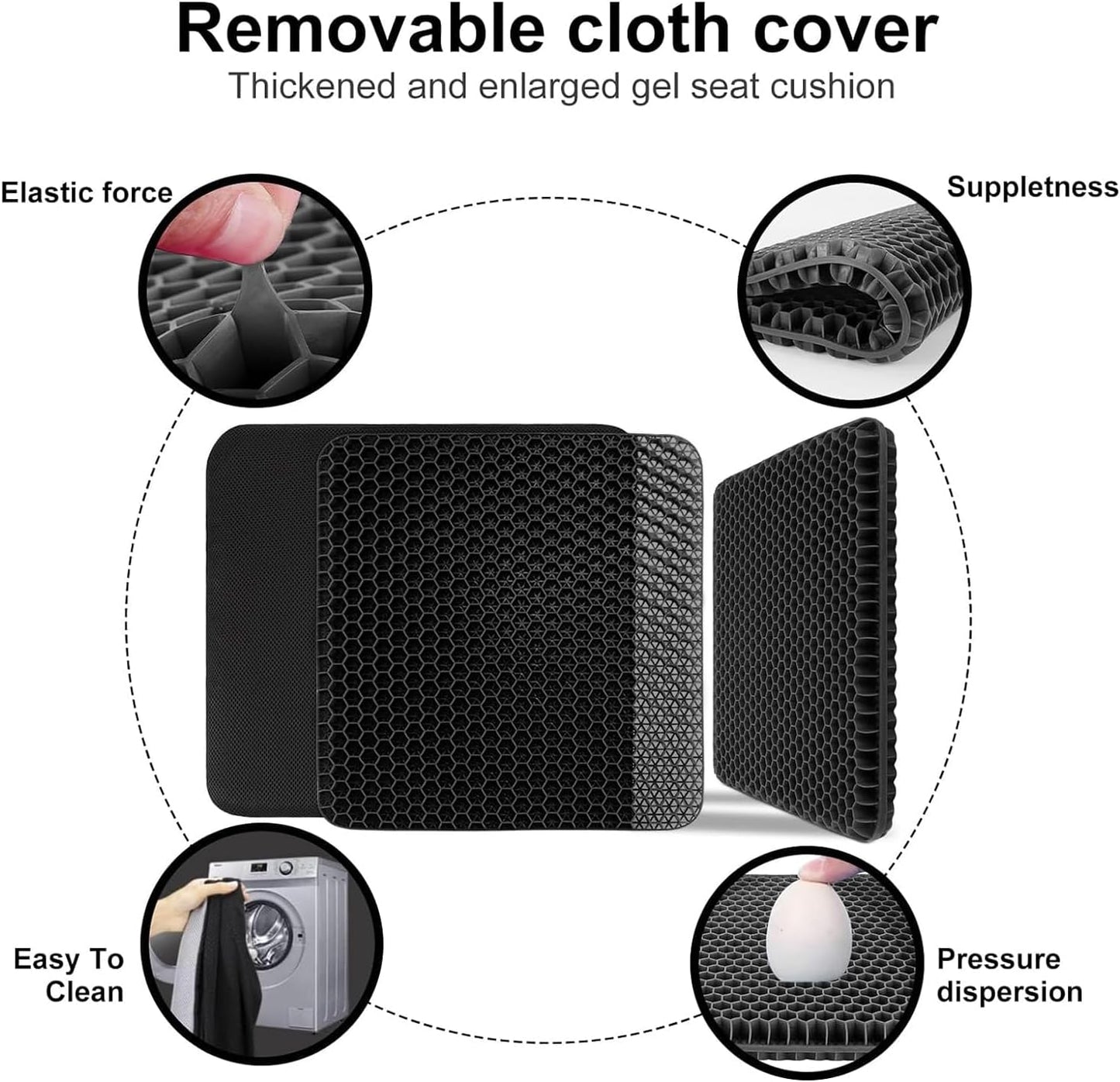 Extra Large Gel Seat Cushion, 17x17inch Double Thick Egg Gel Cushion for Pressure Pain Relief, Breathable Wheelchair Cushion Chair Pads for Car Seat Office Chair (Black)