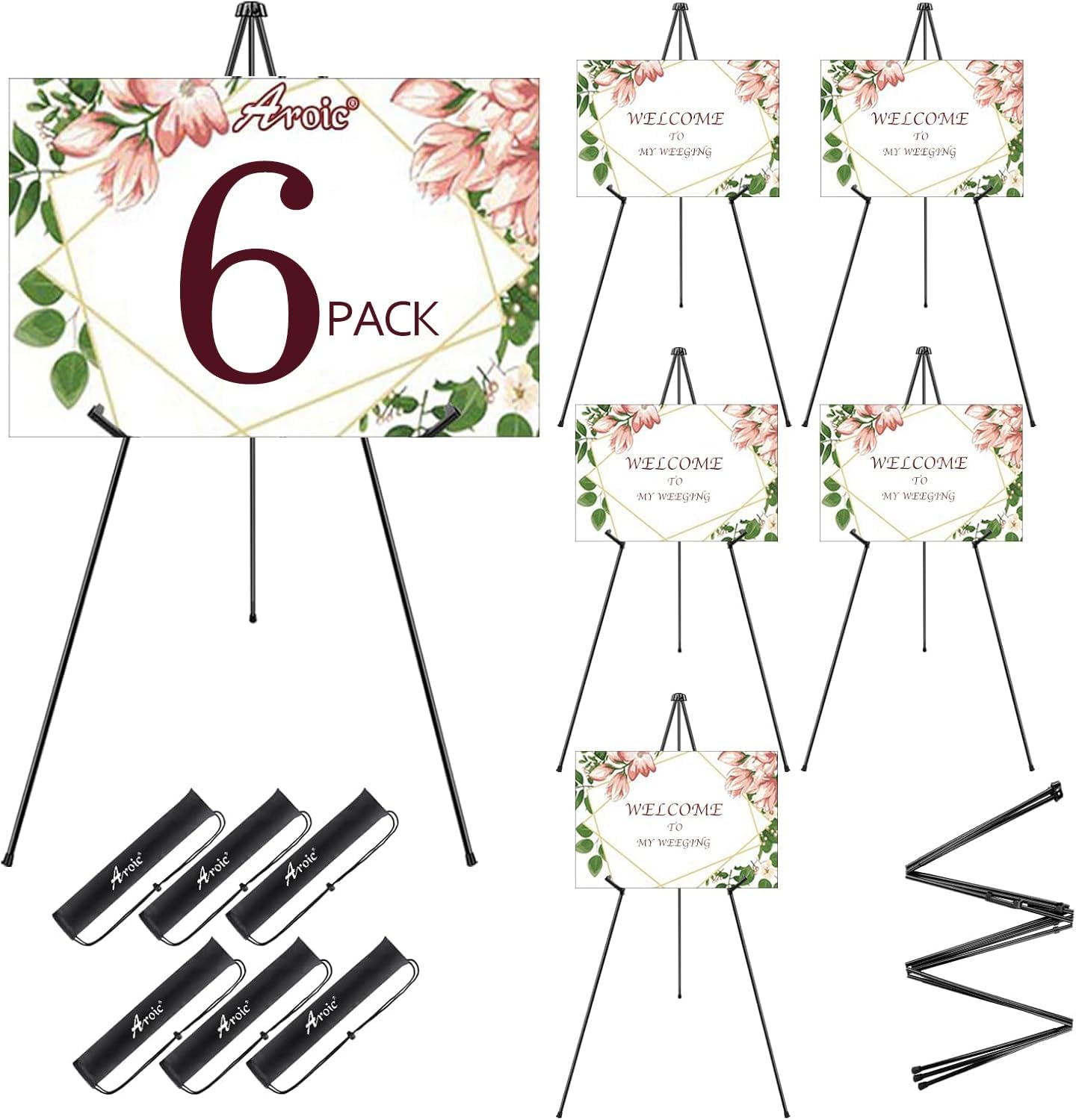 AROIC 63 "Easel Stand for Display, 6 Pack Portable Foldable Metal Easel, Easels for Signs Wedding Logos,Arts, Painting,Adjustable Floor Easels with 6 Storage Bag
