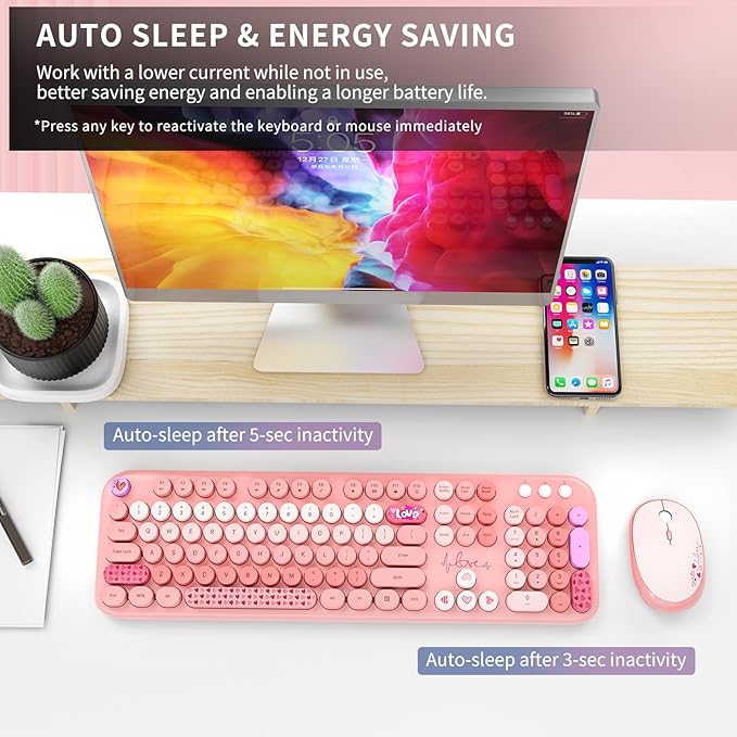 Wireless Keyboard and Mouse Combo, 104 Round Keys Full-Size Cute Colorful Pink Cordless Keyboard and Mouse with Retro Typewriter for PC/Mac/Laptop/Tablet/Computer/Windows Pink