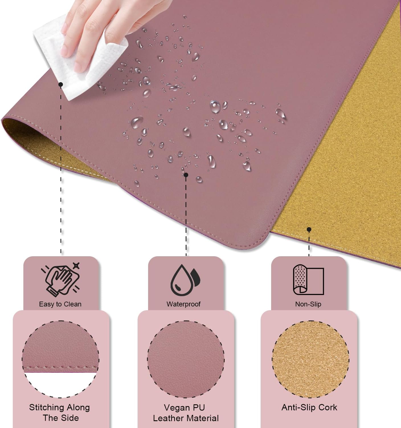 PU Leather & Cork Desk Blotter, Office & Home (Purple Pink) - Non-Slip Keyboard & Mouse Mat, 47.2" x 17"