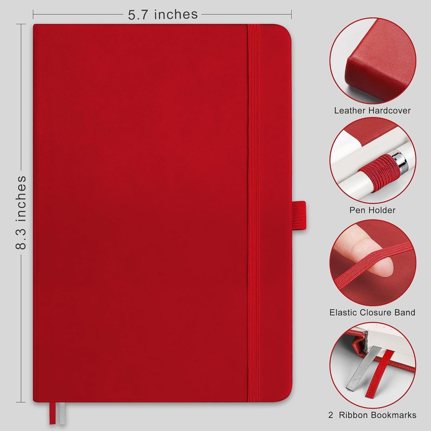 RETTACY Blank Journal Notebook, 192 Pages, A5 Medium Size (5.7'' x 8.3''), Leather Hardcover, 100 GSM Thick Paper, for Sketching, Drawing, Painting (Red)