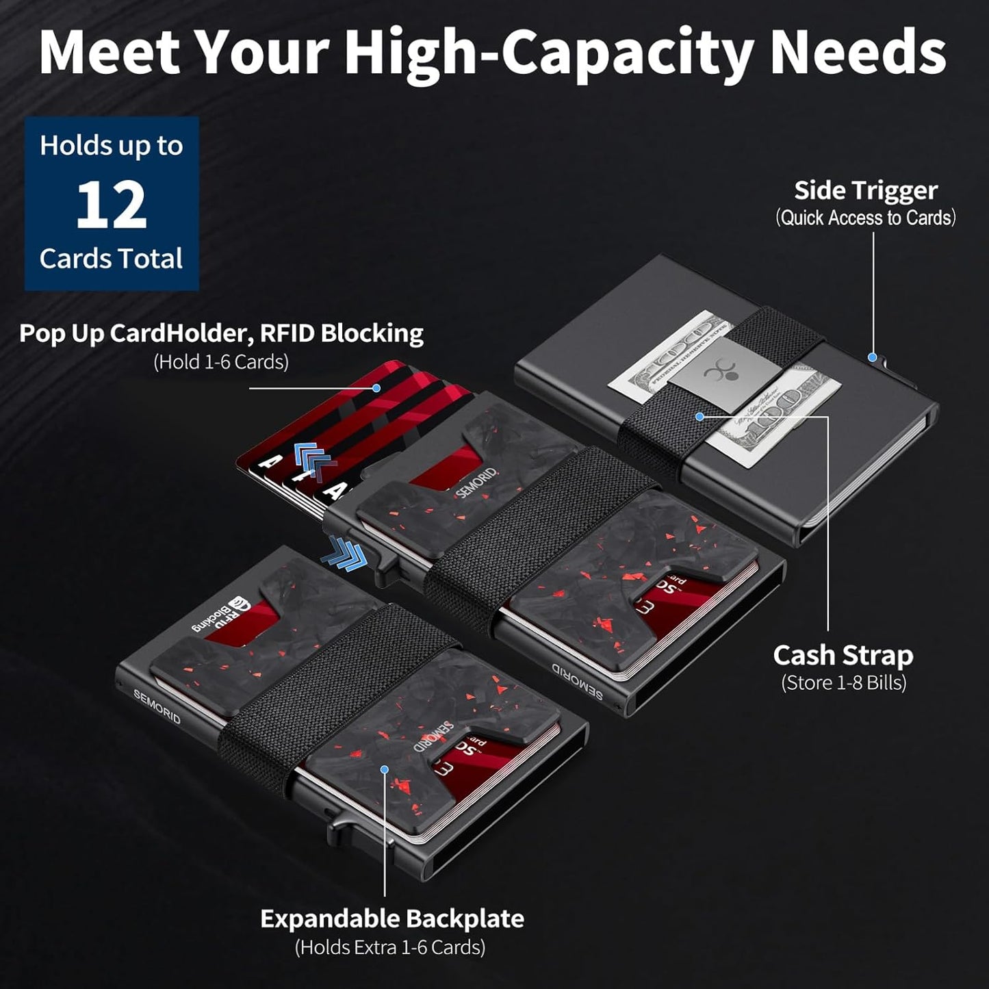 Slim Wallet for Men, Minimalist RFID Blocking Mens Card Wallet - Pop Up Credit Card Holder, Thin Metal Case with Cash Band, Hold 12+ Cards