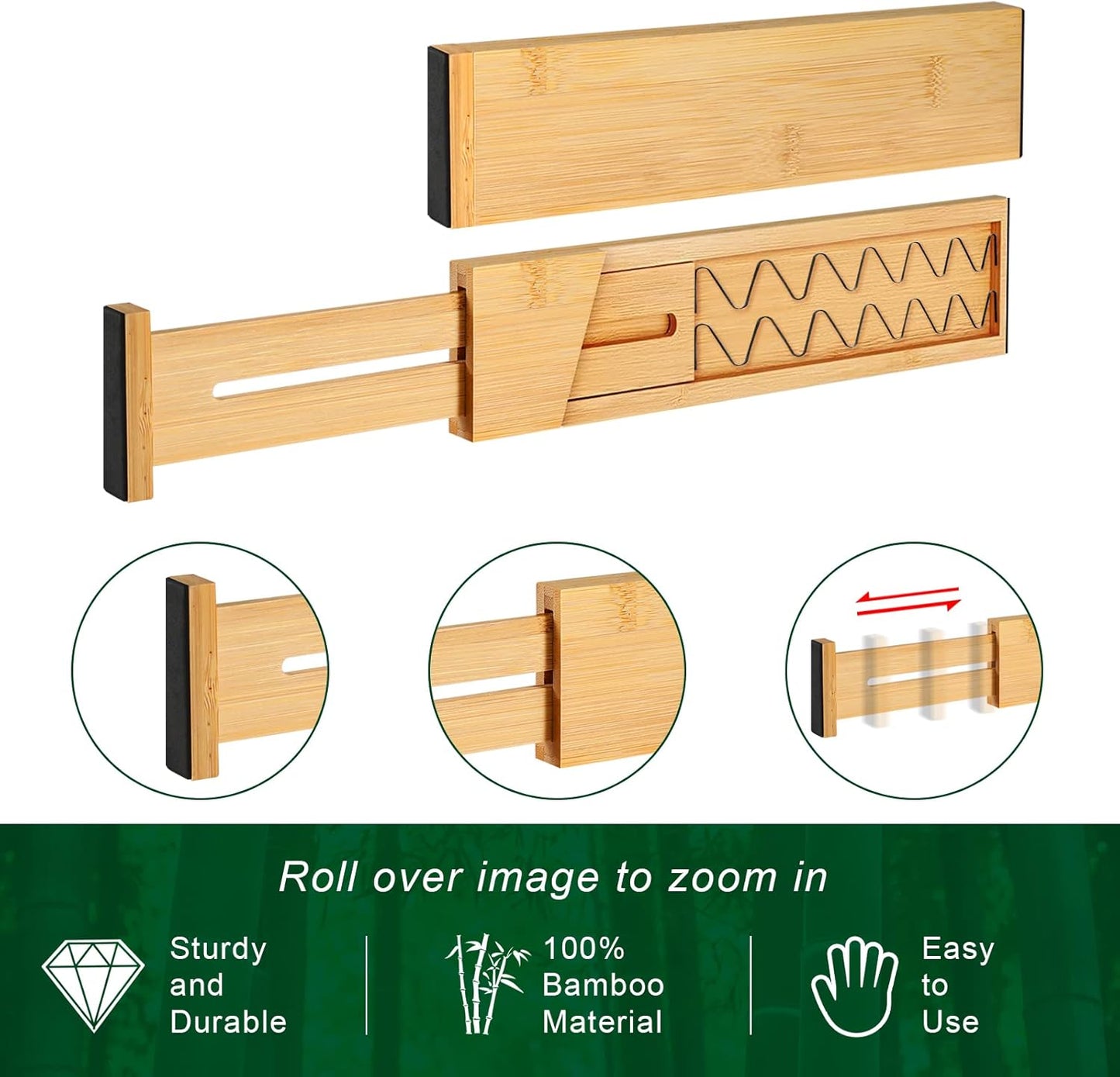 FJO 4 Pack Adjustable Bamboo Drawer Dividers - 12.5" - 21.7" Expandable Drawer Separators for Kitchen, Utensils, Clothes, Bedroom, Dresser, Bathroom (Beige)