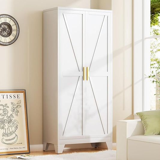 71H Tall Metal Storage Cabinet with 2 Doors and 5 Shelves,Farmhouse Storage Cabinet with Barn Doors,Pantry Storage for Home,Office,Dining Room,Kitchen,Bathroom(White)