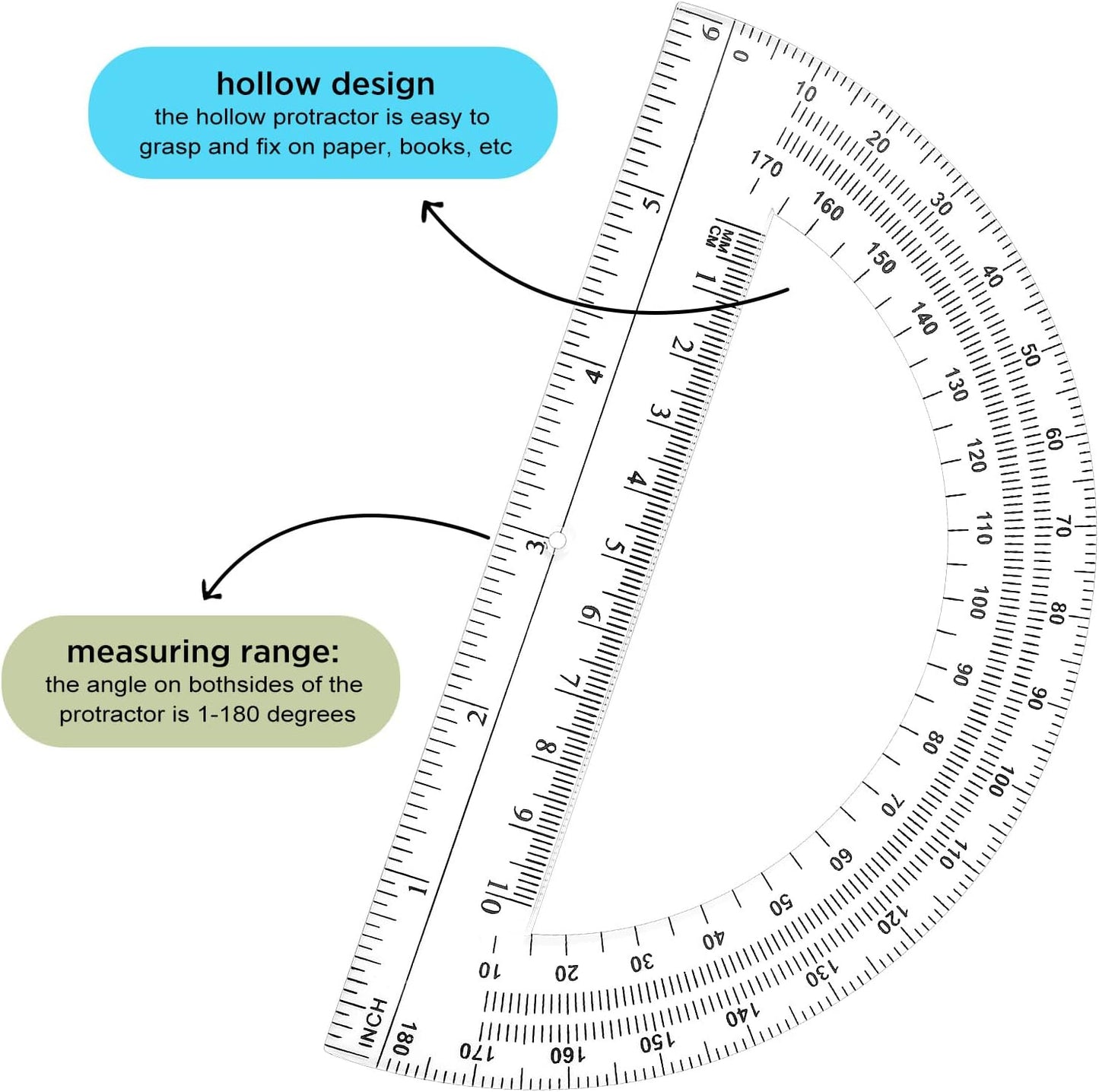 Zonon 200 Pieces Plastic Protractors Bulk Classroom Clear Math Protractors 180 Degrees 6 Inch for Geometry Student, Angle Measurement, Students Back to School Supplies Office Supplies