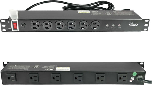 Tecmojo 1U Rackmount Network-Grade PDU Surge Protector Power Strip, 12 Outlets (6 Front, 6 Rear Wide Spaced) 12A 6ft Cord with 5-15P Lug - Black, UL Certified