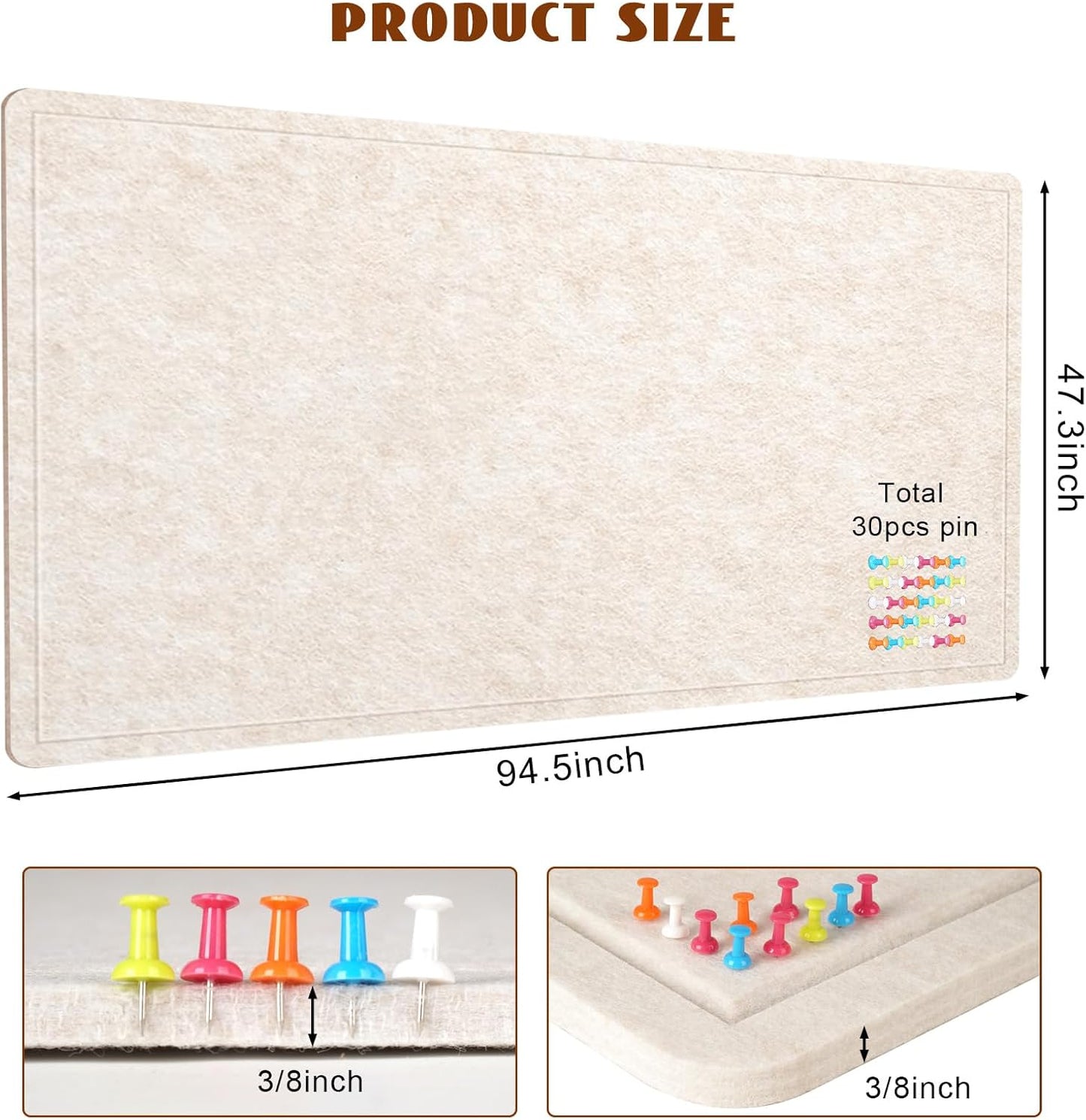Extra Large Bulletin Board, 96 X 48 inches Cork Board with 30 Pushpin, 8' x 4' Felt Cork Board Notice Pin Board, Self-Adhesive Vision Board Mood Board Foldable Photo Board for Wall - Oatmeal