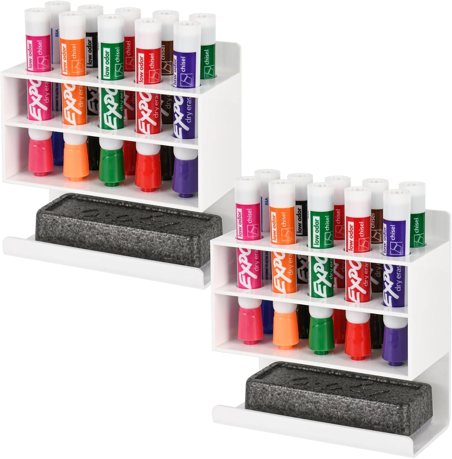 Dry Erase Marker Holder, 2 PCS Wall Mounted Acrylic Marker Holder with 10 Slots, Sticky Pen Storage for Classroom Organization, Whiteboard, Office, White