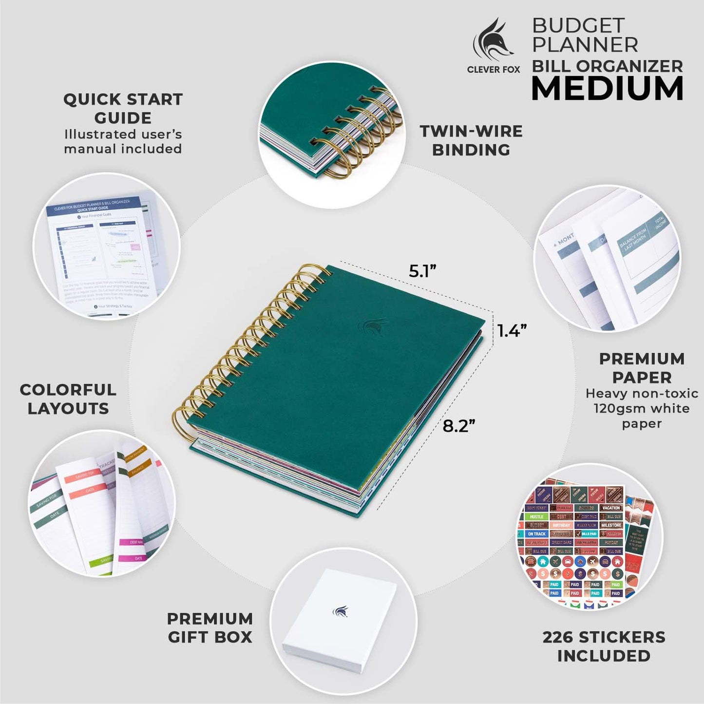 Clever Fox Budget Planner & Monthly Bill Organizer With Pockets. Expense Tracker, Budgeting Journal & Financial Book. Medium, 5.1x8.2" (Dark Teal)