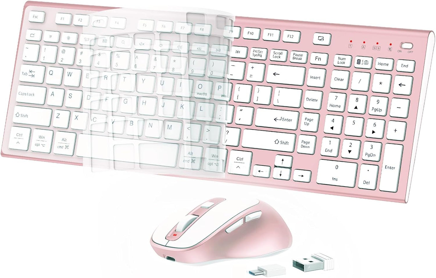 FENIFOX Wireless Keyboard and Mouse, Ergonomic Rechargeable Silent Quiet Slim Compact Full-Size USB C with Number Pad Flat Soft Cover for PC Computer Laptop Mac MacBook iMac Windows - Pink Rose Gold