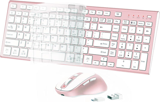 FENIFOX Wireless Keyboard and Mouse, Ergonomic Rechargeable Silent Quiet Slim Compact Full-Size USB C with Number Pad Flat Soft Cover for PC Computer Laptop Mac MacBook iMac Windows - Pink Rose Gold