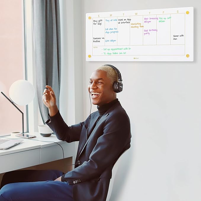 Glass Golden Weekly Dry Erase Calendar White Board for Wall, to Do List & 7 Days Planner Whiteboard for Home Office, 23x9.5, 4 Wet Erase Markers Included, Yeoux