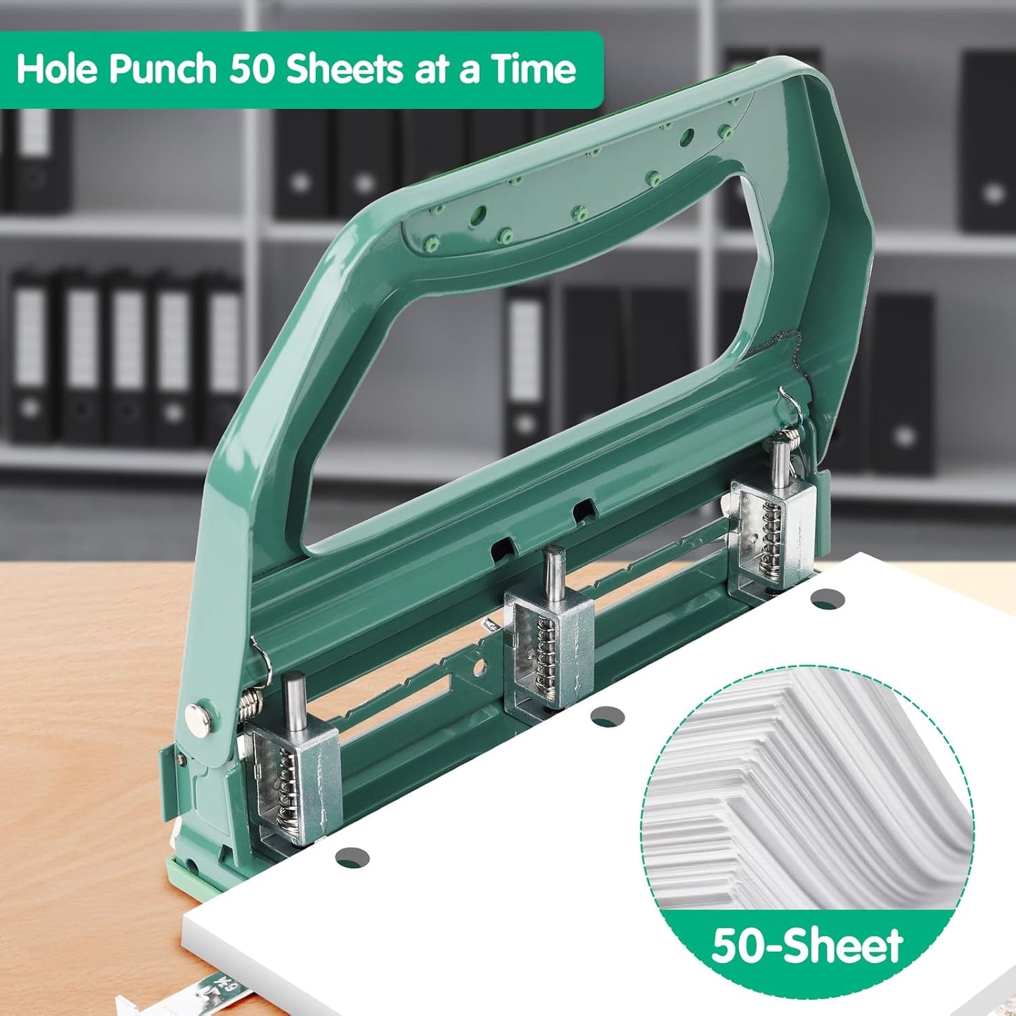 AFMAT Heavy Duty 3 Hole Punch, 50-Sheet, 50% Reduced Effort, Adjustable Two & Three Hole Punch, Metal Paper Puncher w/Large Chip Tray, Metal Paper Guide, Green