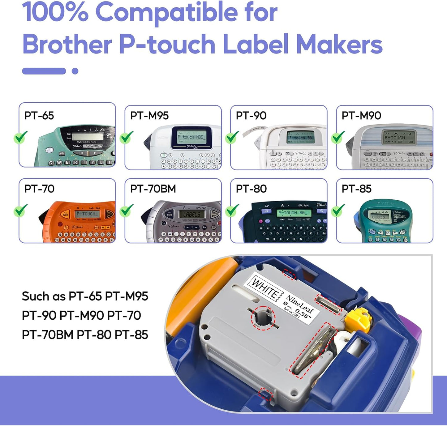 NineLeaf 4 Pack Compatible for Brother P-Touch M-K221 MK221 M221 White M Tape 9mm 3/8 Inch Black on White Label Tape for PT-M95 PT-80 PT-90 PT-70 PT-55 PT-65 PT-85 PT-45 PT-70BM PT-100 Label Maker