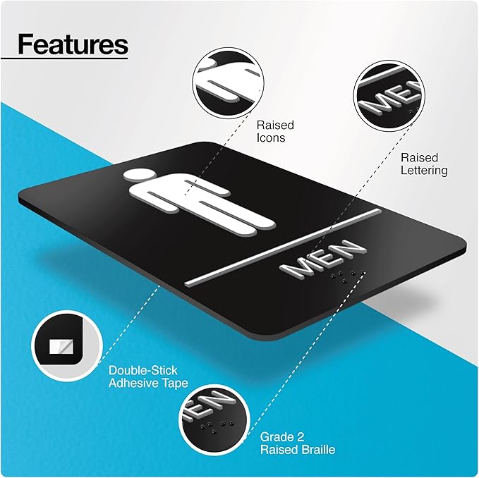 ADA Braille Mens Restroom Sign for Business with Double Sided 3M Tape - ABS Plastic Mens Bathroom Sign 9” x 6” for Offices and Restaurants