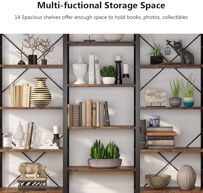 Tribesigns Triple Wide 5-Shelf Bookcase, Etagere Large Open Bookshelf Vintage Industrial Style Shelves Wood and Metal bookcases Furniture for Home & Office, 70 inch