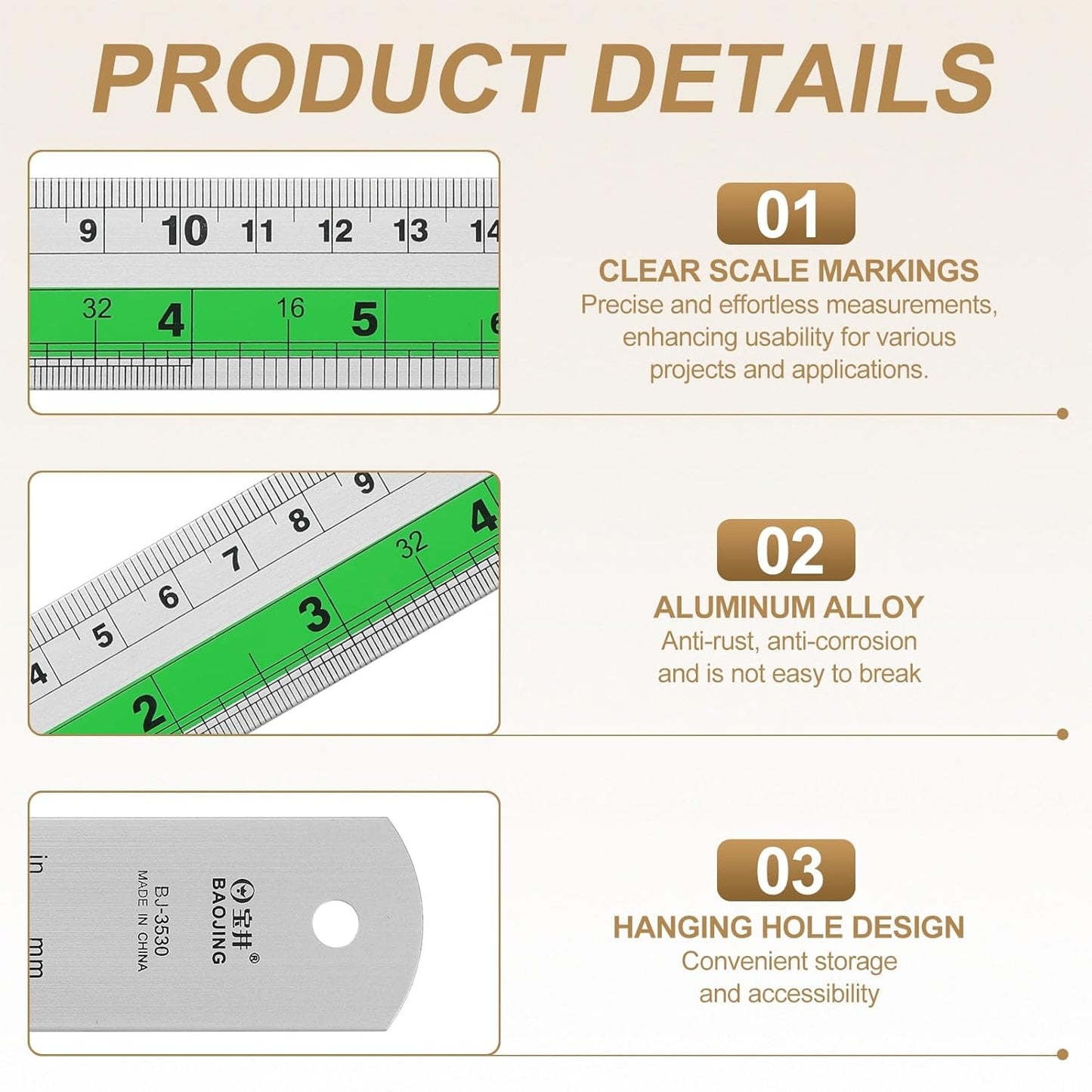 HARFINGTON 6pcs Metal Straight Ruler 15cm Metric SAE Aluminum Alloy Measuring Rulers Scale Tool with Hole for Measure Study Reading Classroom Office, Green