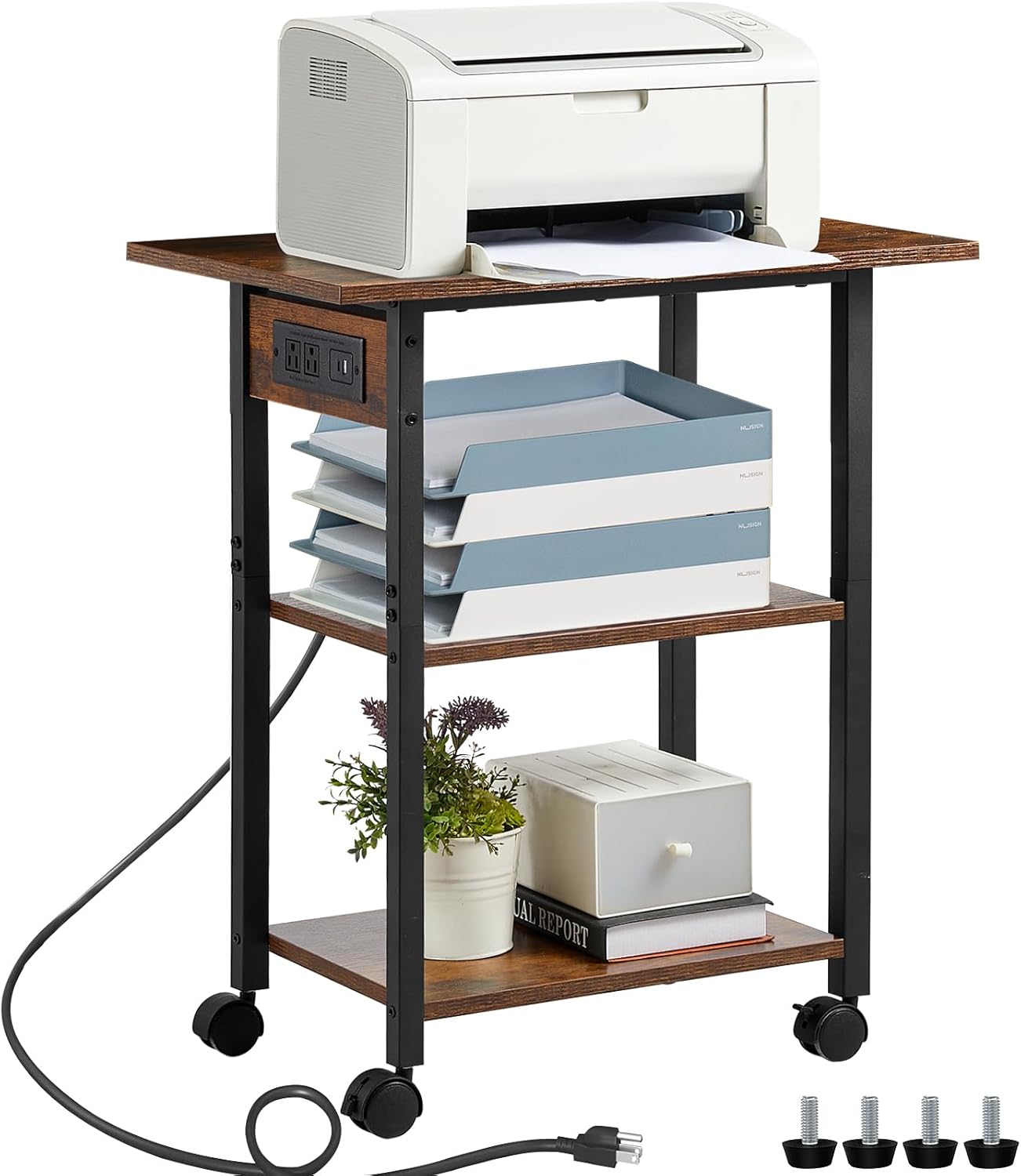Lerliuo 3-Tier Printer Stand with Charging Station, Industrial Mobile Printer Table with Storage Shelf and Steel Frame, Rolling Printer Cart Holder with Lockable Wheels for Home, Office (Brown)