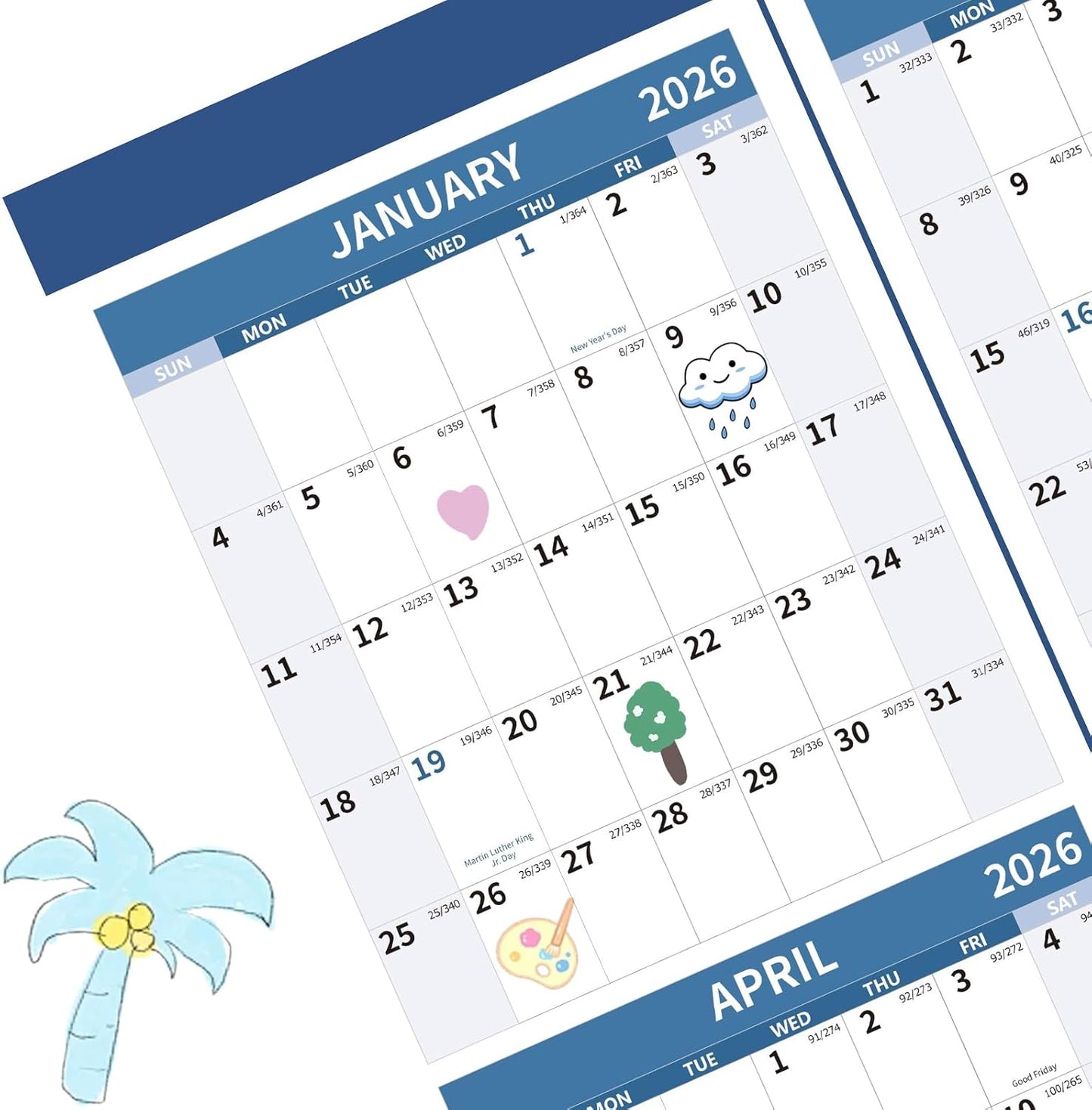 2026 Wall Calendar 34.8" x 22.8" Large Vertical Yearly Wall Hanging Calenda with Julian Date Thick Paper Calendar 12 Month Annual Wall Planner for Wall Office Fridge(Blue)