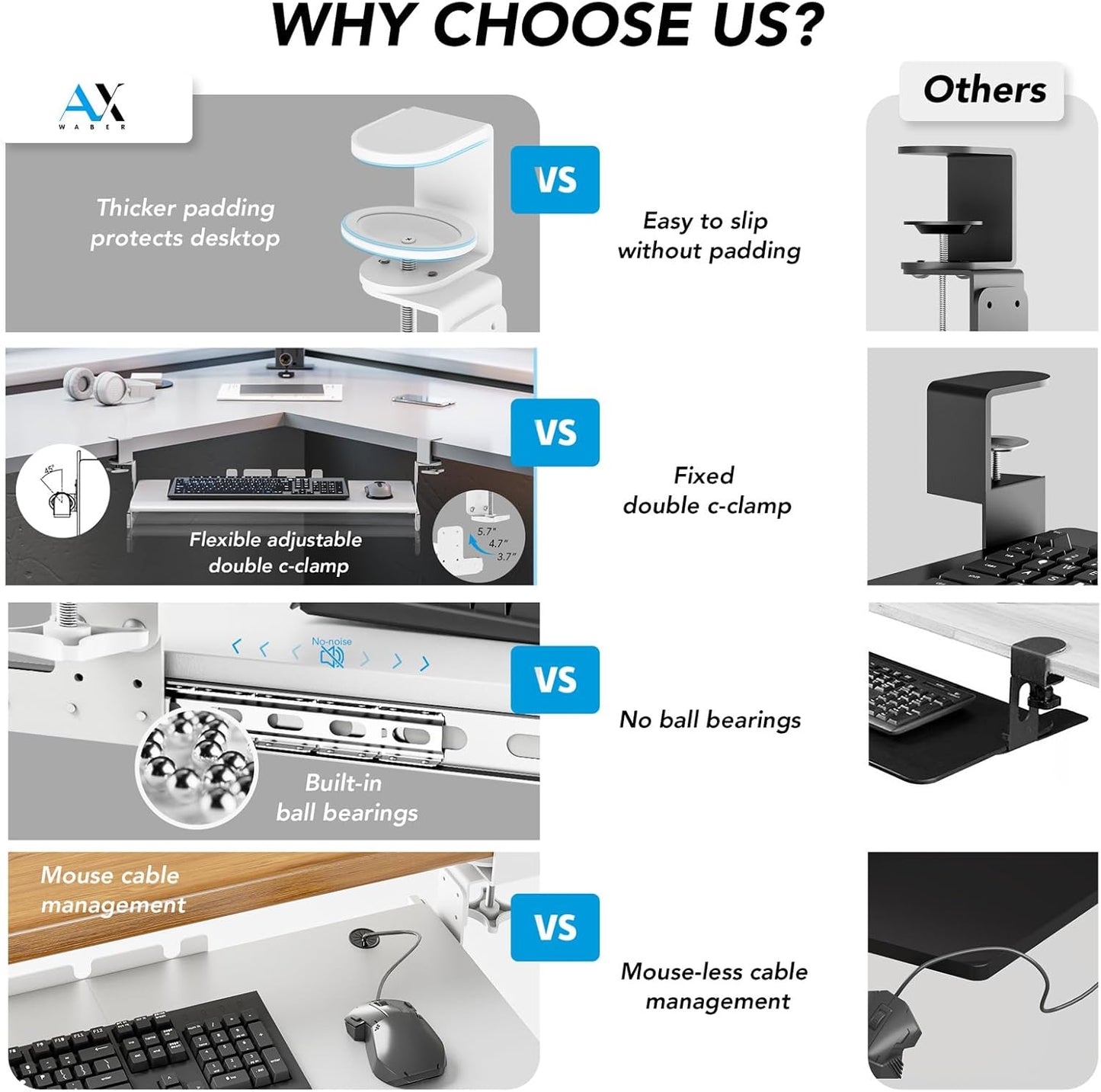 Keyboard Tray Under Desk Pull Out with Extra Sturdy C Clamp Mount System, 27.3 (32.5 inch Including Clamps) x 11 Inch Slide-Out Platform Computer Drawer for Typing White AX01WW01