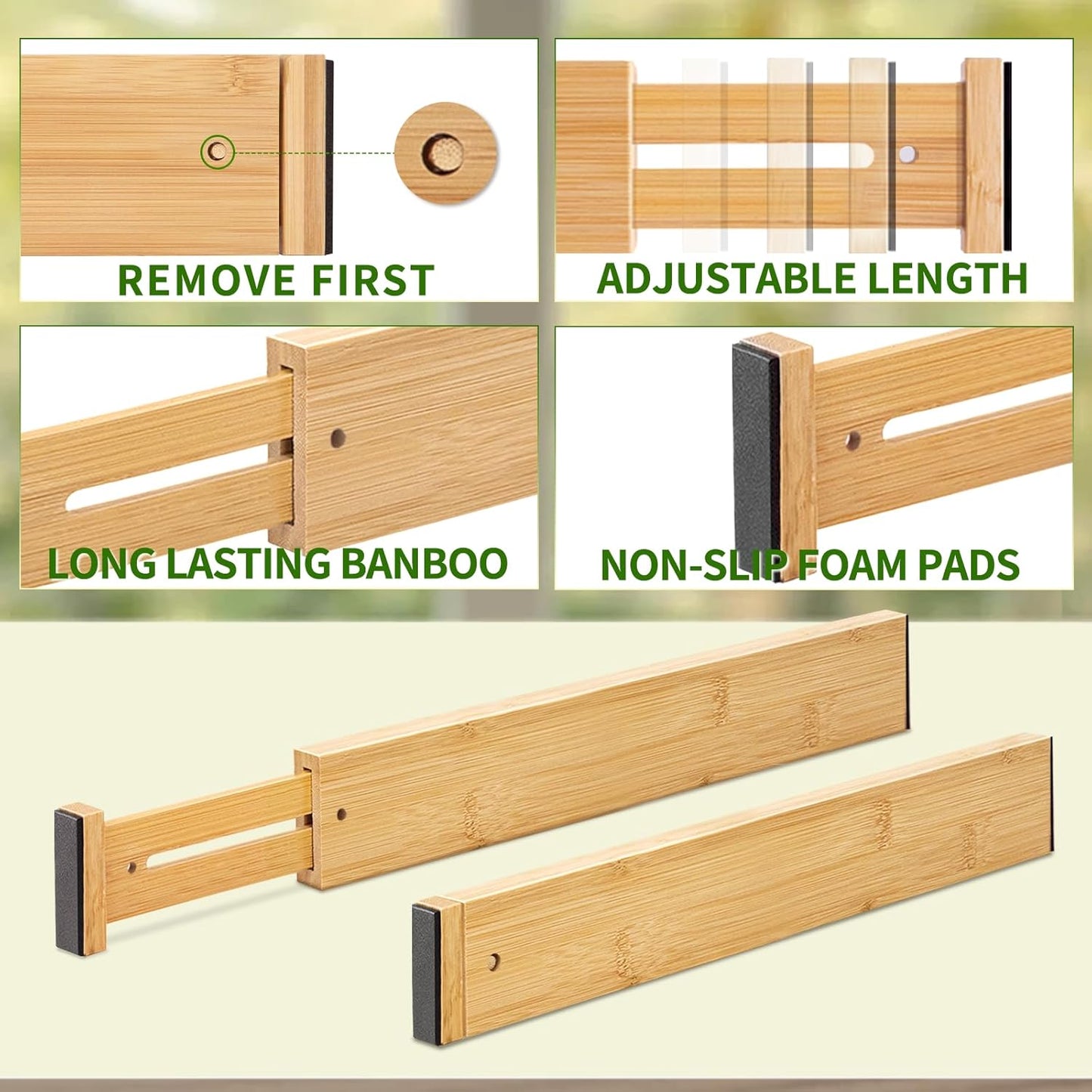 Bamboo Drawer Organizers 4 Pack, 17-22" Adjustable Spring Loaded Dividers for Kitchen Utensils, Silverware, Clothes, Dresser, Bathroom and Office Storage