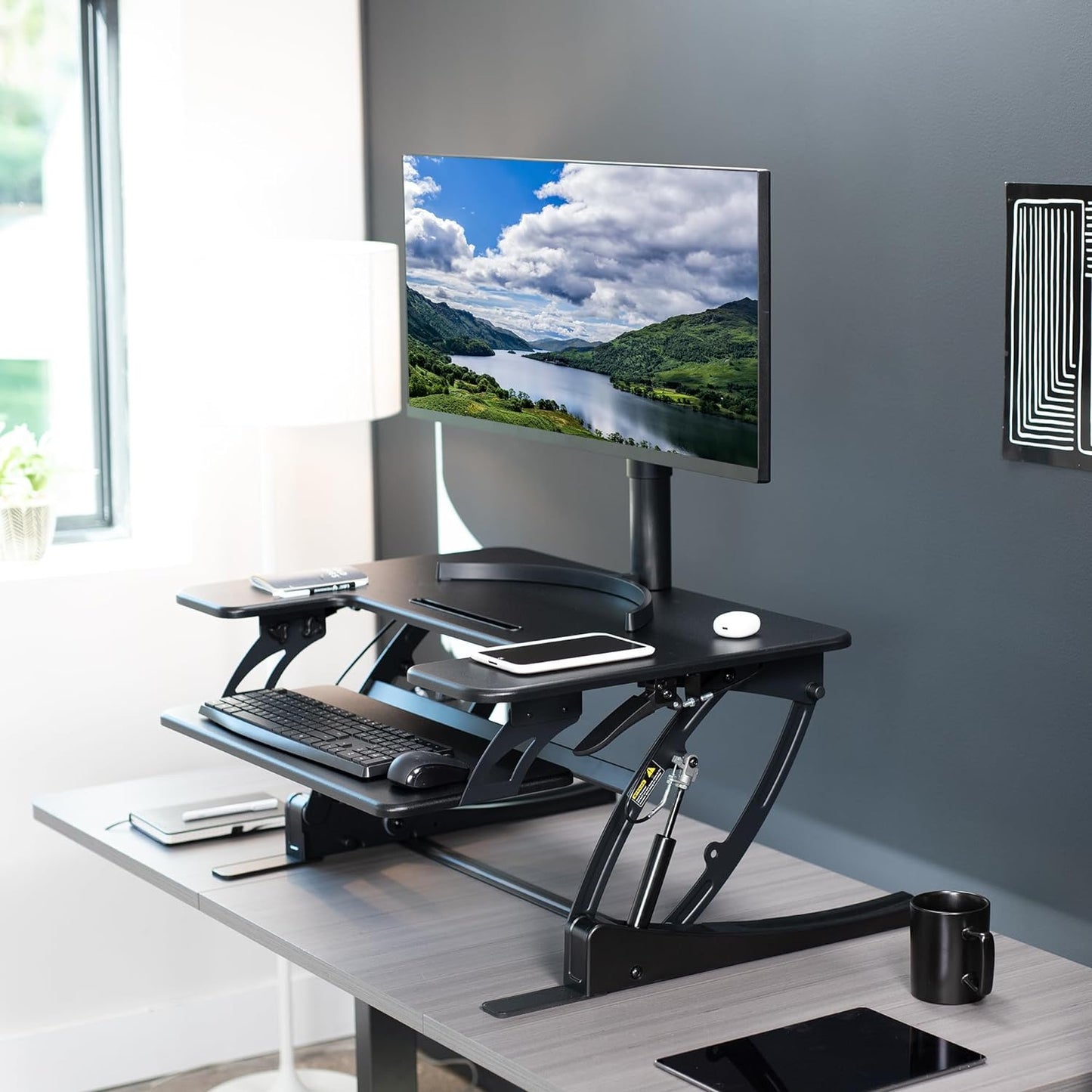 VIVO 32 inch Height Adjustable Stand Up Desk Converter, V Series, Quick Sit to Stand Tabletop Dual Monitor Riser Workstation, Black, DESK-V000VS