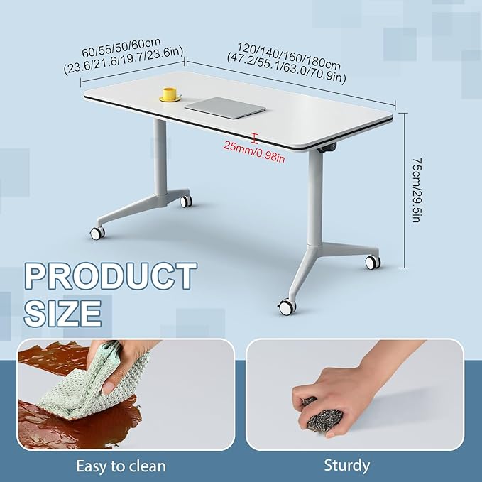 2Pack Folding Conference Room Table, Modern Conference Tables with Silent Wheels, Large Rectangular Mobile Training Tables for Office Classroom, Foldable Modular Seminar Table White (L47.2in)