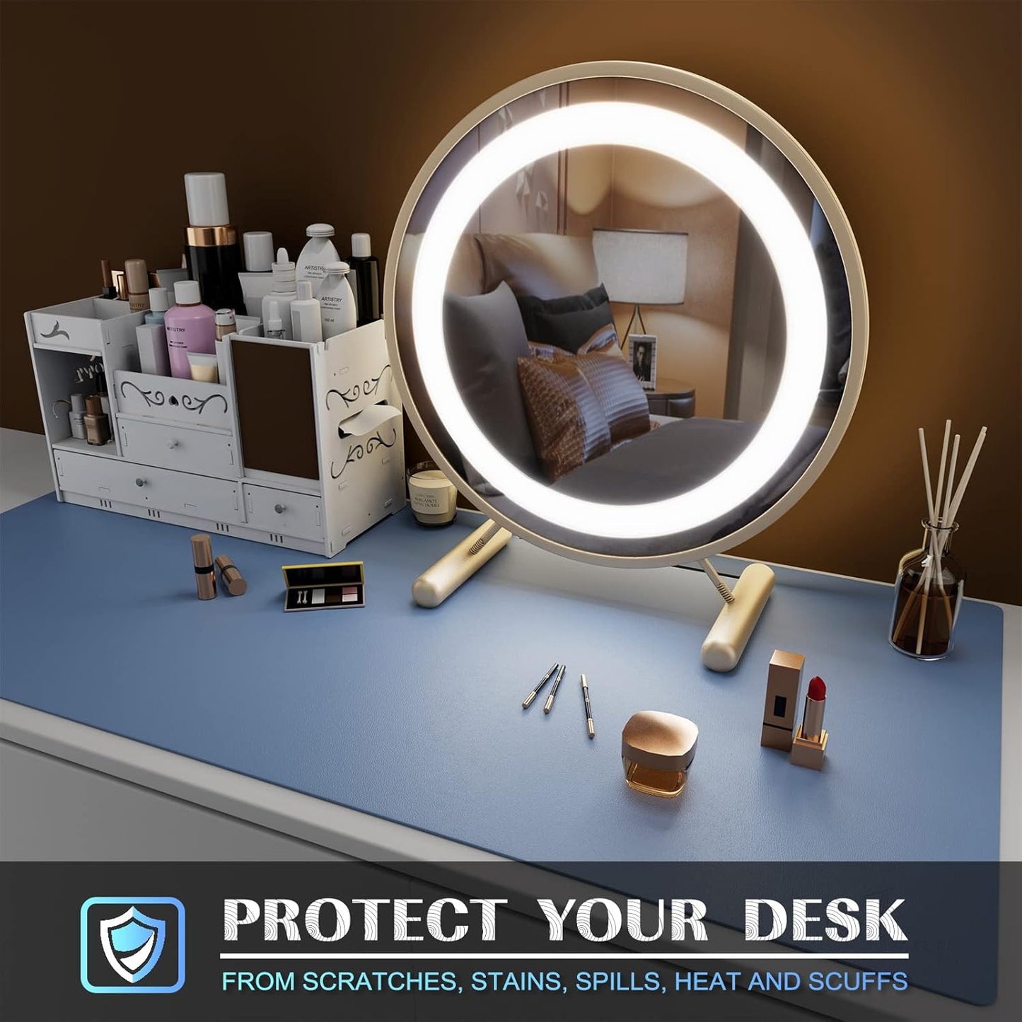K KNODEL Large Office Leather Desk Mat, Mouse and Keyboard Pad, Computer and Laptop Mat, Desktop Protector and Cover, Writing Pad and Blotter (31.5"x15.7", Lake Blue)