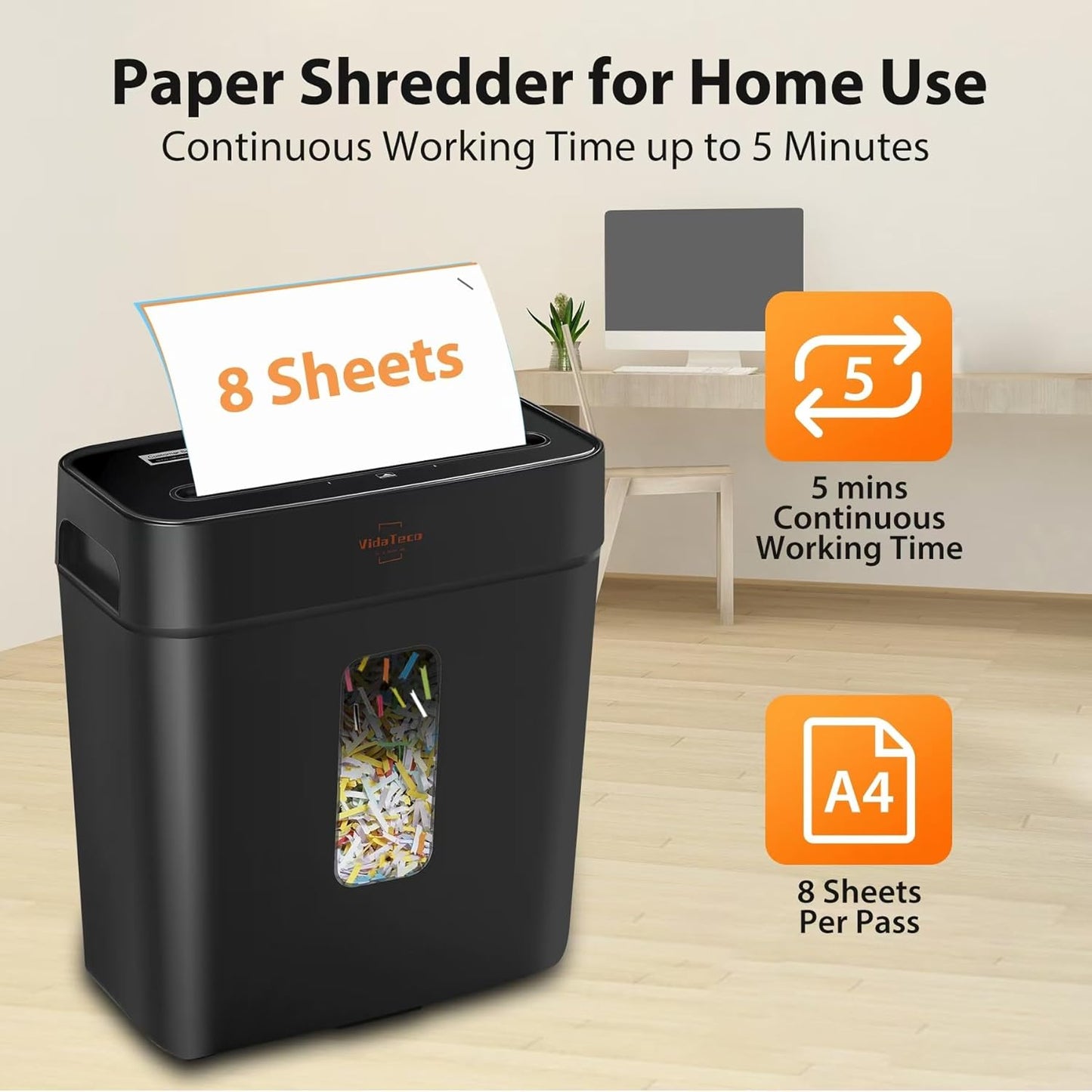 Shredder for Home Use 8-Sheet Cross-Cut Paper Shredder with P-4 Higher Security,Shred Card/Clip/Staple,Small Document Shredding Machine for Home Office Heavy Duty with Jam Proof,3.04-Gal Bin