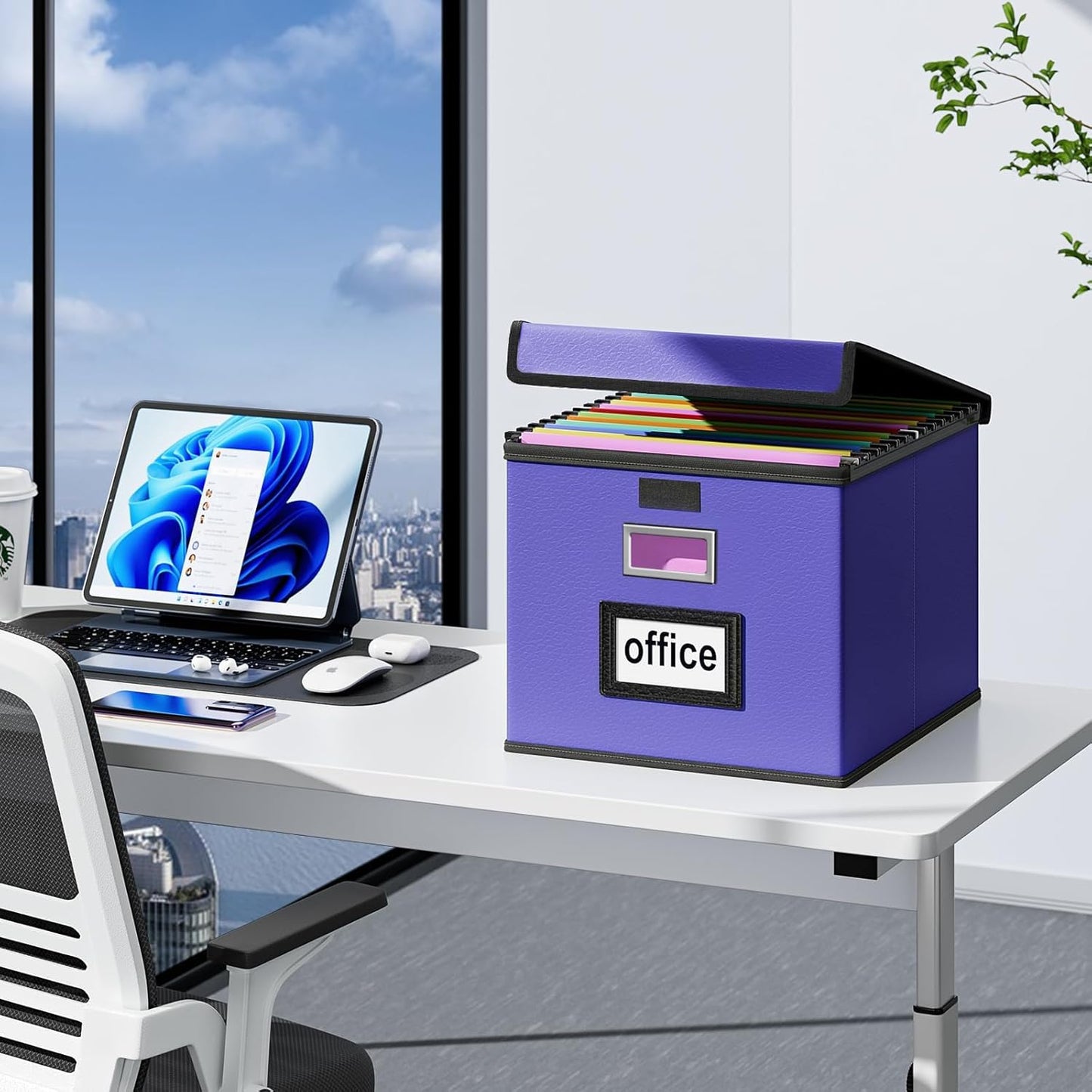 Huolewa File Organizer Box with Lid, Collapsible Leather File Folder Organizer for Office Document Storage, Filing Box with Plastic Slide for Letter/Legal Size Hanging Files,Navy Blue