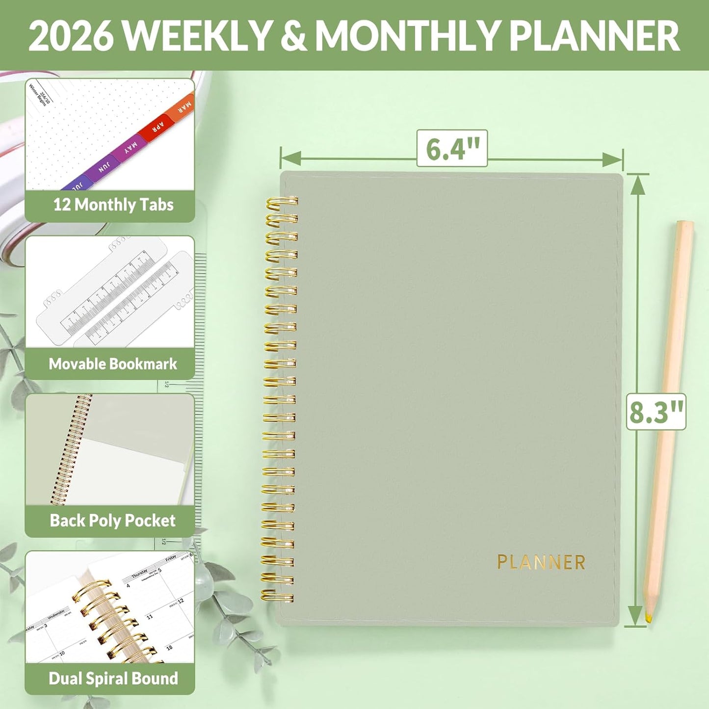 SUNEE 2026 Weekly and Monthly Planner - from January 2026 - December 2026, 6.4" x 8.3" Daily Agenda Planner with Monthly Tab, Flexible Cover, Note Pages, Pockets, Bookmark, Spiral Binding, Greenery
