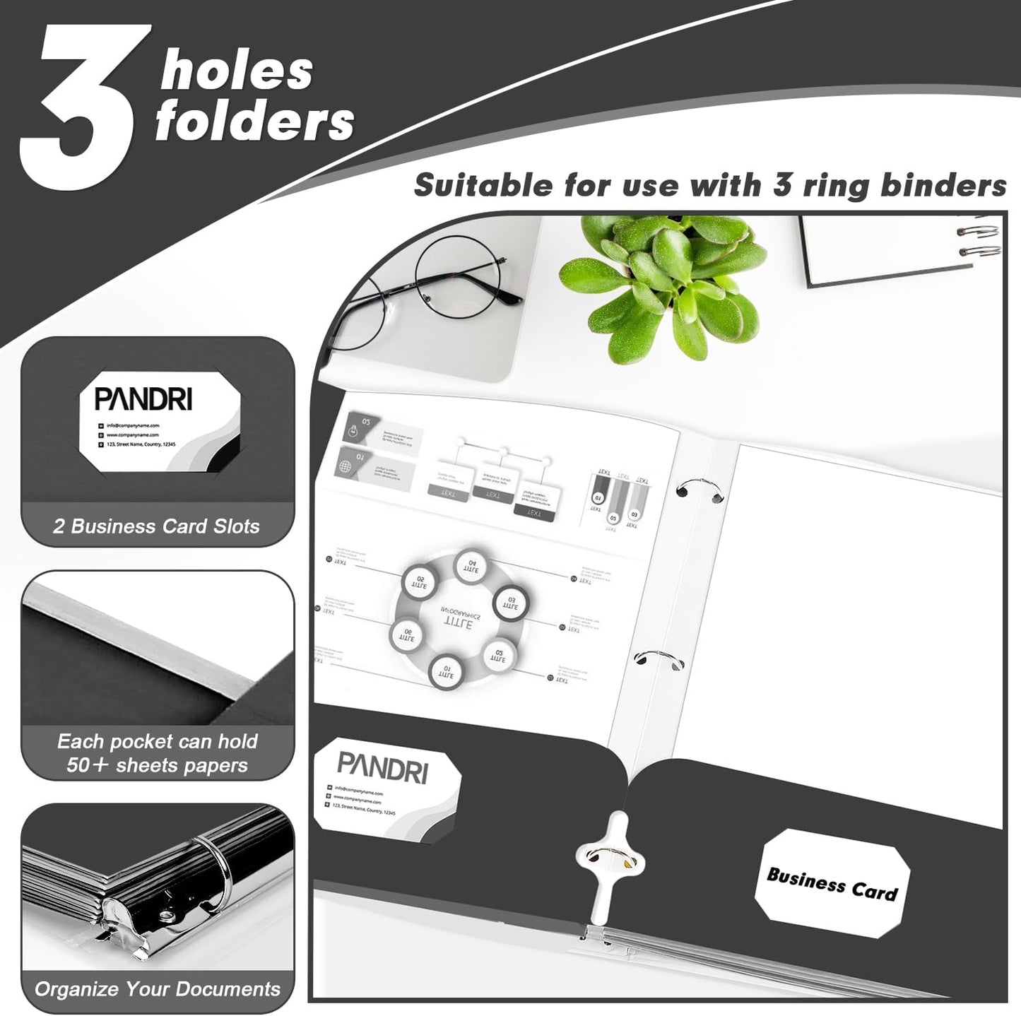 Two Pocket Portfolio Folders, PANDRI 60 Pack 3 Hole Punched 2 Pocket Folders for 3 Ring Binder, Letter Size Paper File Folder for School Office Home Business, Black