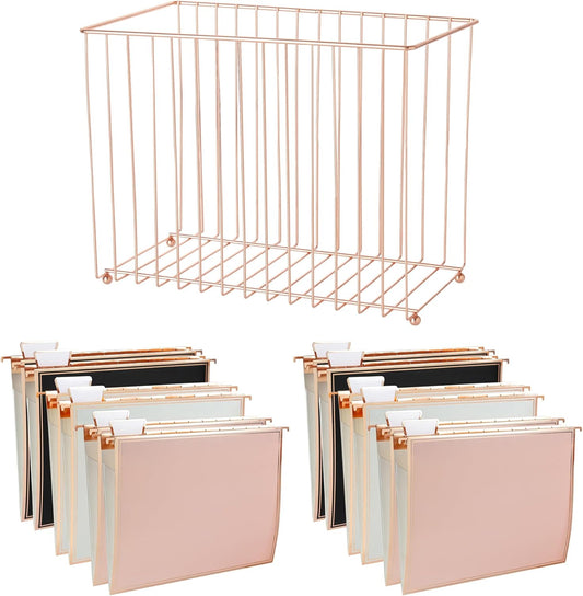 Y YOMA 1 Pack Rose Gold Desktop Hanging File Organizer | 12 Pack Rose Gold Pocket Hanging File Folders with Tabs & Insert | Letter Size Metal File Kit for Desk Home Office, I Shaped