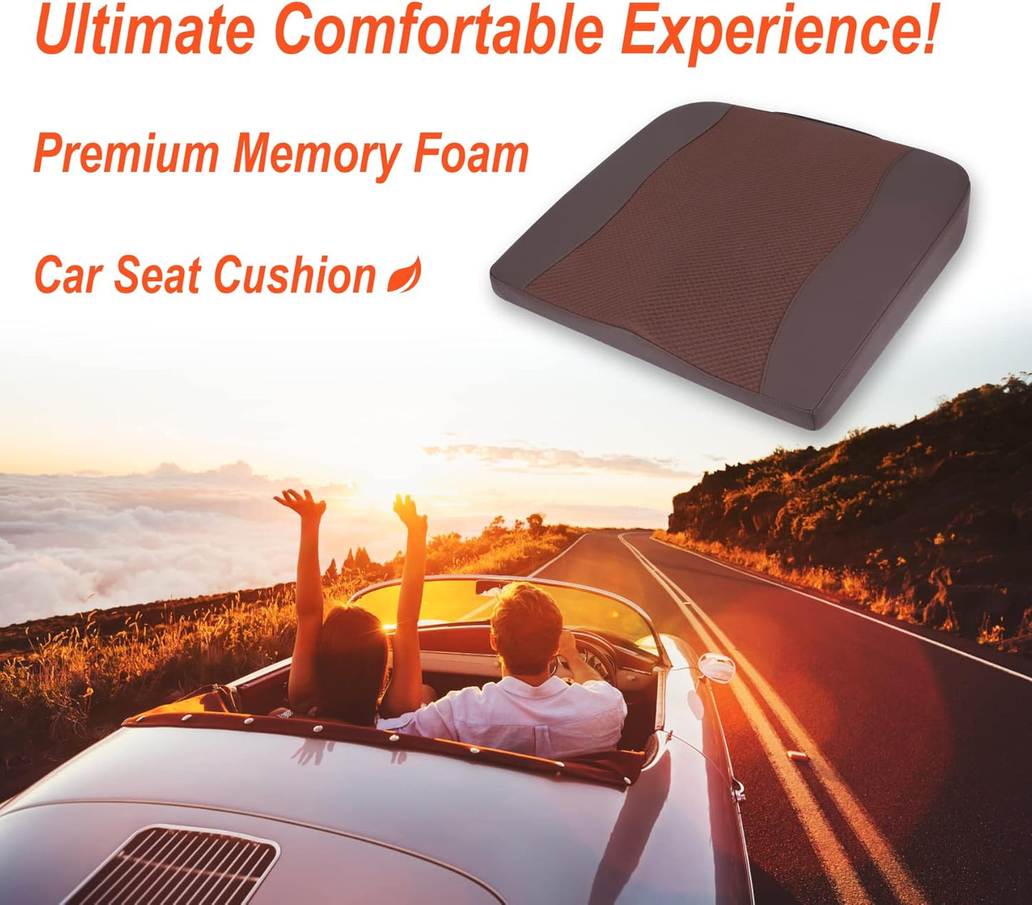 Car Seat Cushion, Comfort Memory Foam Car Cushions for Driving - Sciatica & Lower Back Pain Relief, Driver Seat Pillow for Auto, Office Chair, Wheelchair - Brown