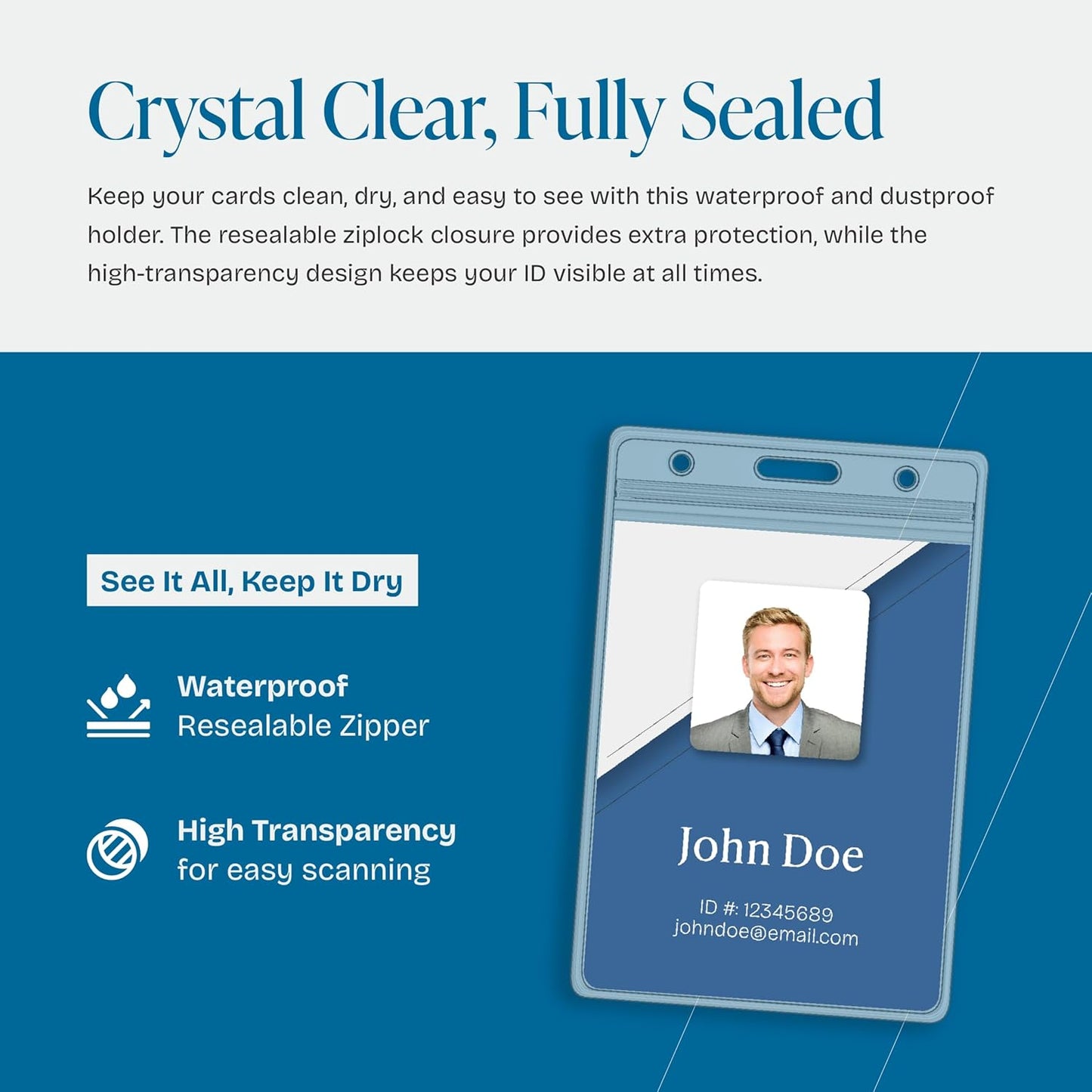 Will Well ID Badge Holders with Holes for Lanyards and Keyrings - Vertical Clear Plastic 2.6" x 3.7" Inner Size Sleeves Fit Up to 3 Cards, 0.8mm Thick Waterproof Resealable Zip Type - 100-Pack