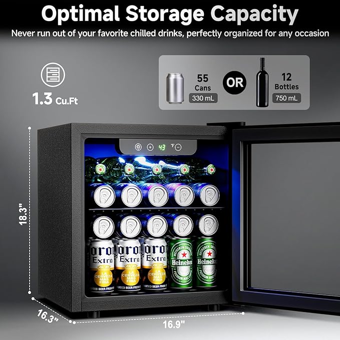 Beverage Refrigerator Cooler - 12 Bottle 50 Can Mini Fridge with Glass Door, Soda Wine Beer Drink Fridge - Small Refrigerator for Office Home Bedroom Dorm Bar, 1.3 Cu.Ft, Black
