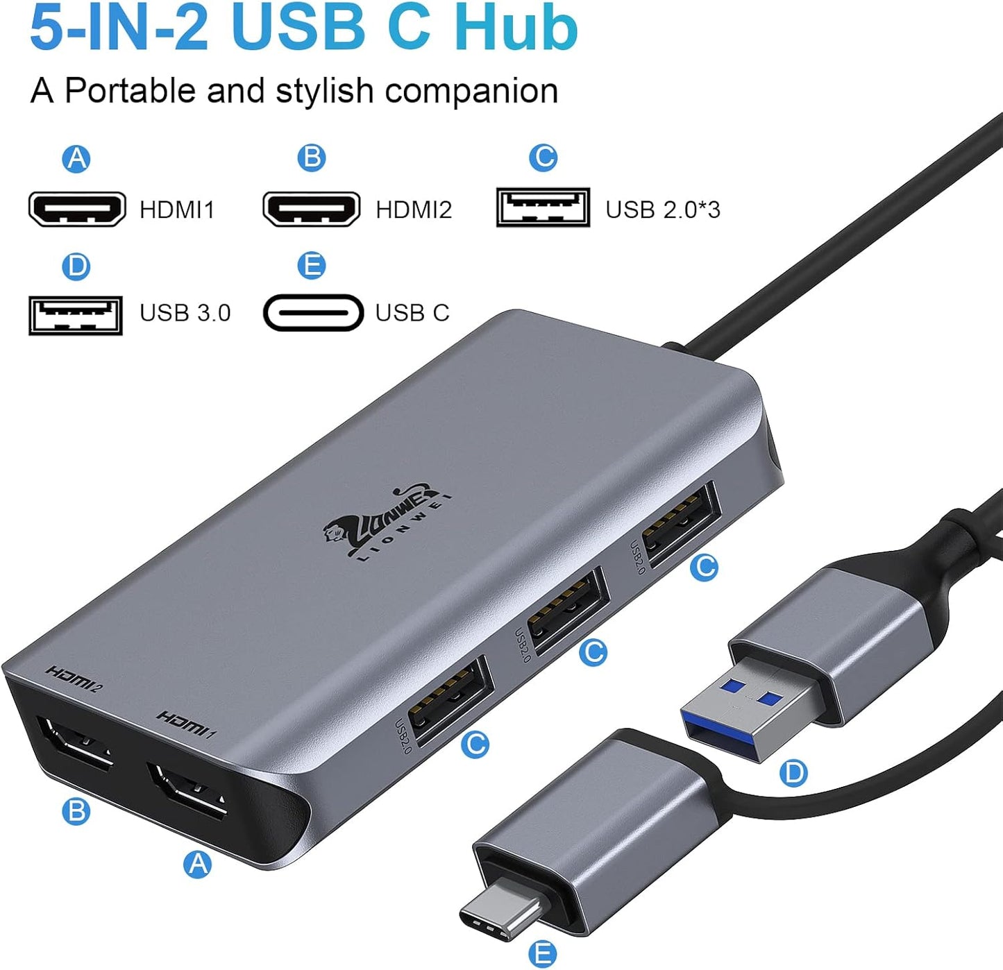 LIONWEI USB 3.0 to Dual HDMI Docking Station for Windows & macOS, USB C Adapter 2 Monitor Splitter for MacBook Pro/Air/M1/M2/Dell/HP/Lenovo/Surface