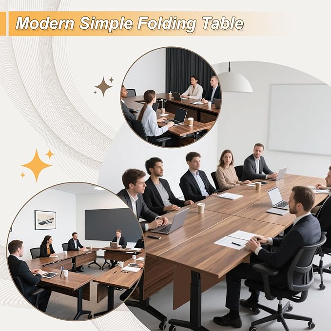 Conference Room Table with Silent Wheels, Mobile Folding Conference Table for 16 Person,Flip Top Office Training Tables with Walnuts Wood Tabletop, for School,Business Meeting Rooms (8Pack 55in)