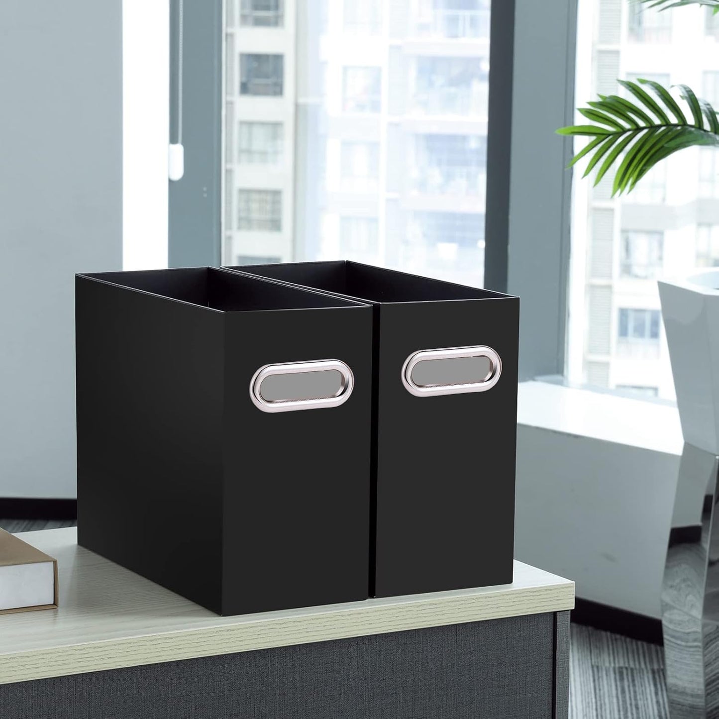 Oterri File Organizer, 1 Pack Small Storage Box, Cardboard File Folder Organizer, Collapsible File Box for Hanging File Folders Letter Size, Portable Filing Organizer with Handle (Black)