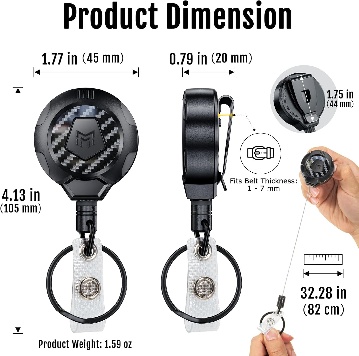 MNGARISTA Upgraded Heavy Duty Retractable Keychain with Belt Clip, 10 OZ Retraction, 31.5" Stainless Steel Cord Key Chain, 3K Carbon Fiber ID Badge Reel Holder with Badge Strap and Key Ring, 4 Pack