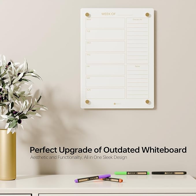 Glass Golden Weekly Dry Erase Calendar & Menu Whiteboard for Wall, Meal Planning & Grocery Shopping List White Board for Kitchen, 15x11, 7 Days Planner for Home, 4 Wet Erase Markers Included, Yeoux*