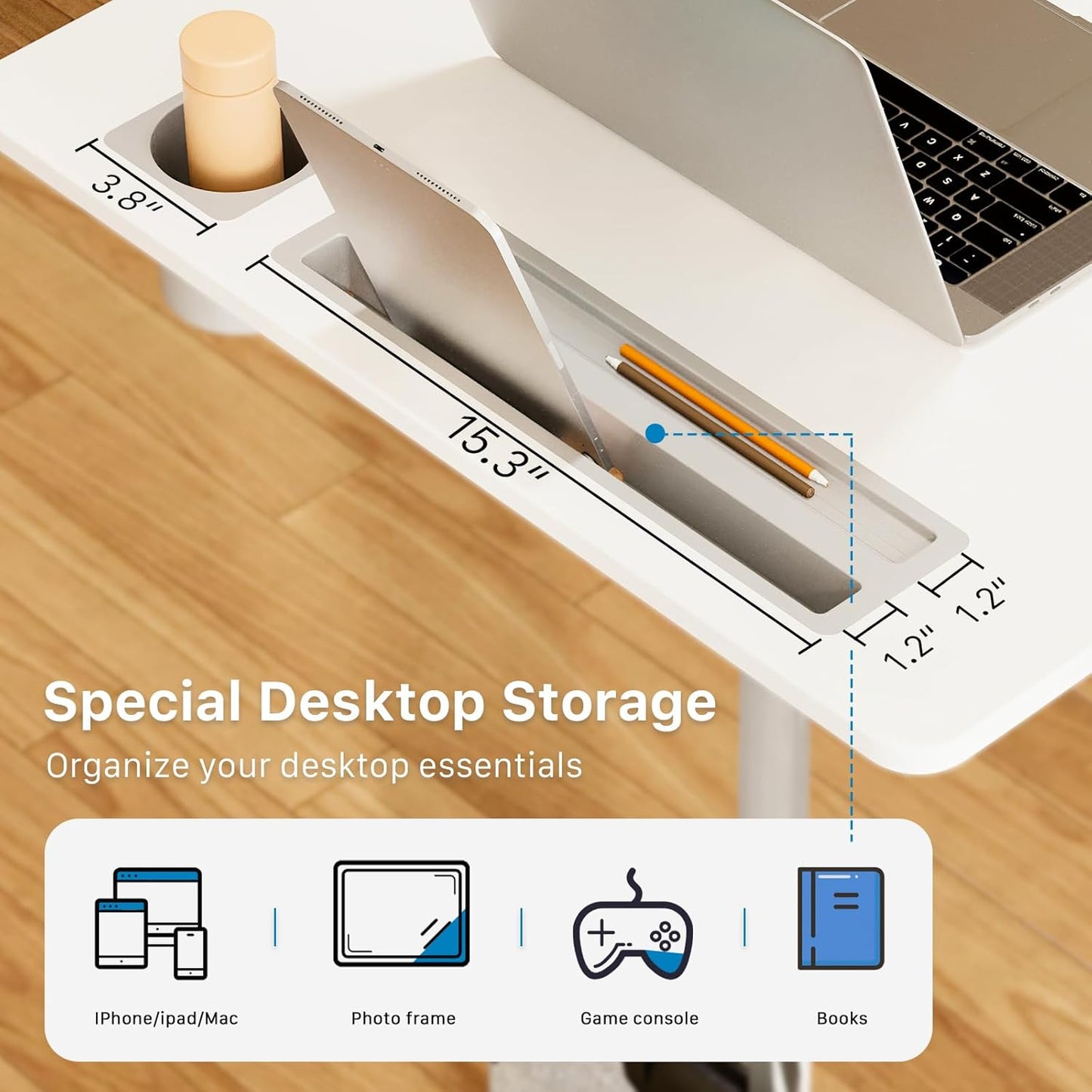 Mobile Standing Desk, 28 inch Rolling Standing Laptop Desk with Cup Holder, Mobile Desk Workstation with Wheels, Portable Computer Desk Cart with Hook for Home Office, White