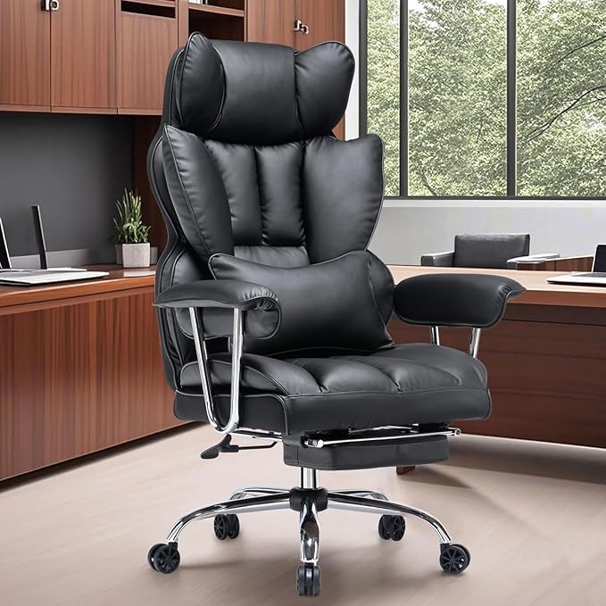 Efomao Desk Office Chair 400LBS, Big and Tall Office Chair, PU Leather Computer Chair, Executive Office Chair with Leg Rest and Lumbar Support, Black Office Chair