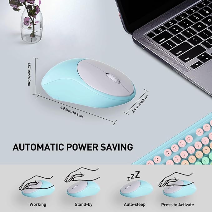 Wireless Keyboard and Mouse Set, 105 Round Keys Full-Size Cute Colorful Keyboard and Mouse with Retro Typewriter for PC/Mac/Laptop/Tablet/Computer/Windows Light Blue