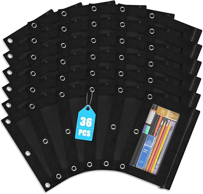 Shemira Pencil Pouch for 3 Ring Binder, 36 Pack Black Pencil Pouches Bulk, Pencil Pouch with Smooth Zipper, Zipper Pencil Pouches, 3 Ring Binder Pencil Pouchs, Clear Window Pencil Case Pouch