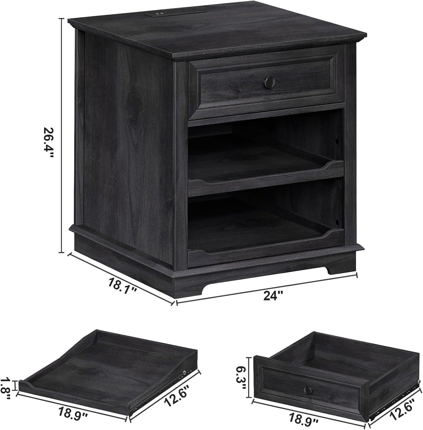 Lateral File Cabinet 3 Drawer File Cabinet with Charging Station, Printer Stand with Open Adjustable Storage Shelves, Lateral Filing Cabinet for Home Office, Black