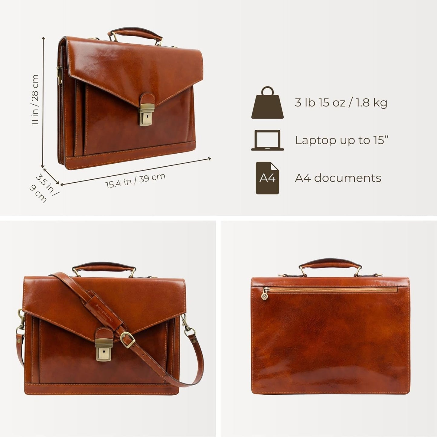 Time Resistance Leather Briefcase for Men - Business Laptop Bag - Italian Handmade Leather Bag - Attache - Gift Box Included