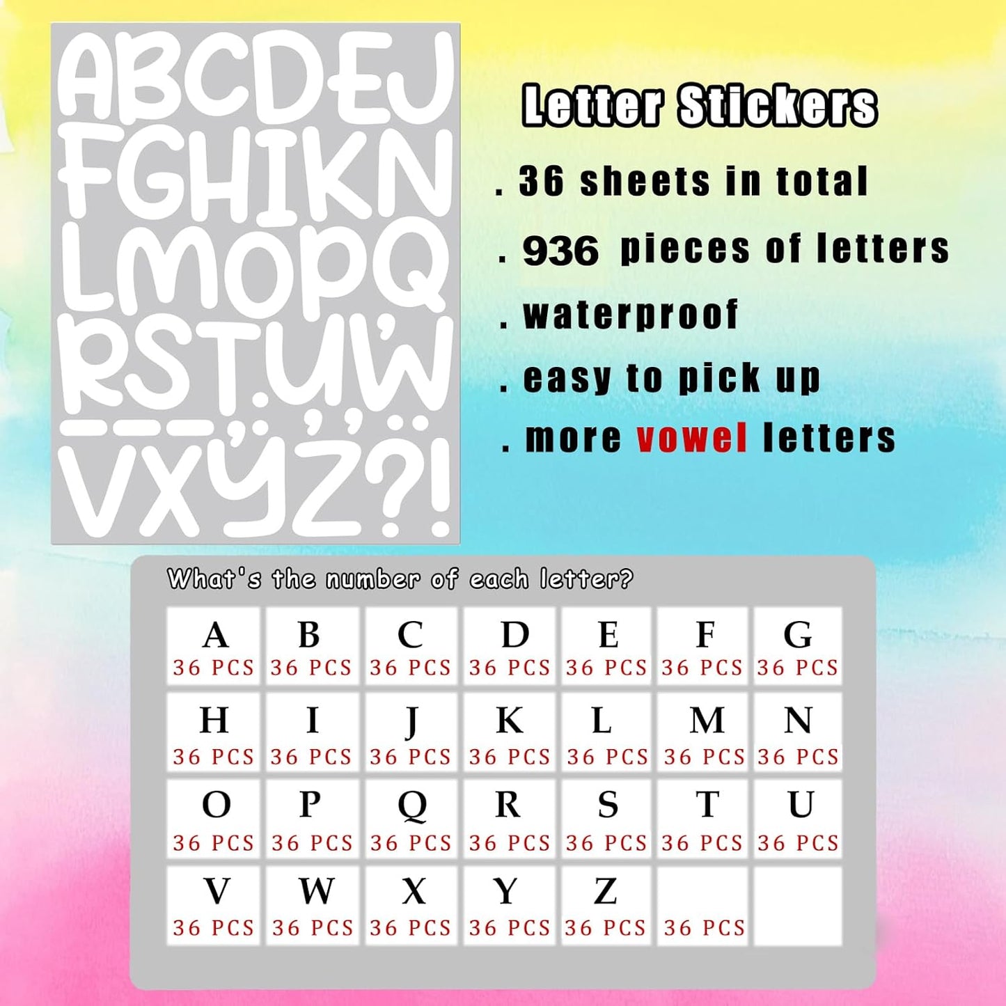 Bemeol 1368 Pieces Letter Stickers 36 Sheets 2 Inch Alphabet Letter Stickers Vinyl Self Adhesive Sticker Letters for Bulletin Board Home Classroom Mailbox Decor(White)