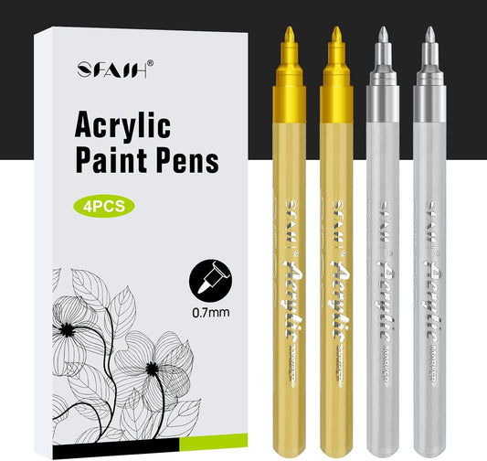 SFAIH Gold & Silver Paint Markers Pens - 4 Pack 0.7MM Fine Tip Metallic Acrylic Markers for Card Making, Gift Decorating, Rock Painting, Detailed Art